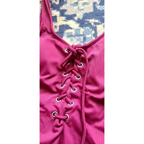 NWT California Waves Burgundy Ribbed Lace up one piece swimsuit size S Cheeky - Picture 5 of 6